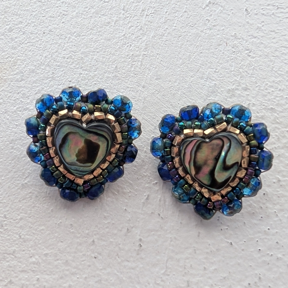 Blue Beaded Heart Earrings Abalone Shell Look Boho Statement Stud Post